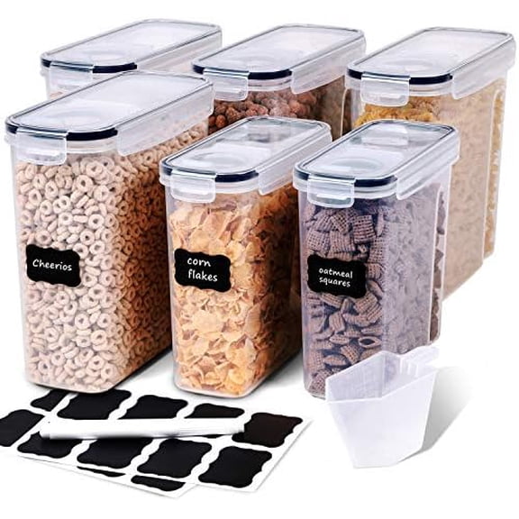 Cereal Containers Storage Set - 6 Piece Airtight Large Dry Cereal Storage Containers(4 * 4L+2 * 2.5L), BPA Free Dispenser Plastic Cereal Storage Containers with 16 Labels & Pen