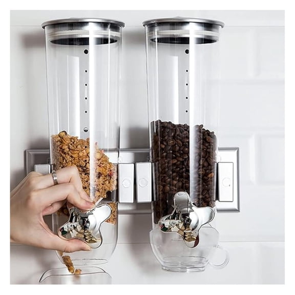 Cereal Dispenser 2 Pack, Wall Mount Dry Food Storage Containers, Silver, 3L & 1.5L Capacity, Dual Control, Airtight Grain & Nut Keeper for Kitchen Pantry