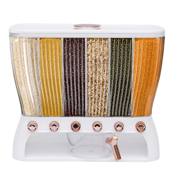 Cereal Dispenser, 6-grid Adjustable Compartment Size Grain Dispenser, 6 in 1 Clear Rice Dispenser w/ Hopper, 10kg/22.05lb