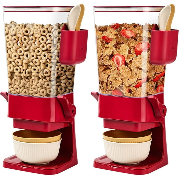 Cereal Dispenser Countertop Red 2 Pack with Creal Bowls Spoons Cutlery Box, Cereal Containers Storage - Not Easy to Crush Food, Dry Food Dispenser For Pantry Candy Snack