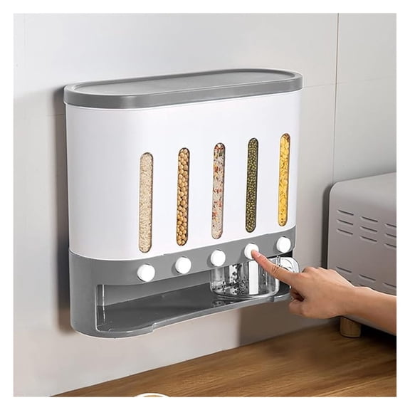 Cereal Dispenser Wall Mounted, Rice Storage Container - 6 Grid Dry Food Dispenser Box for Grains, Beans, Laundry Pods, Plastic Storage Organizer
