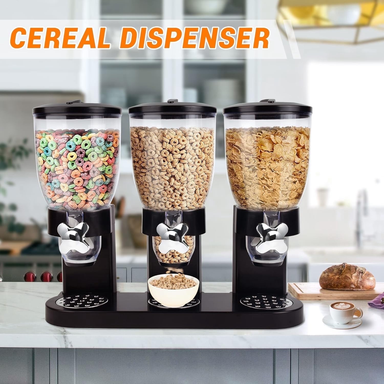 Cereal Food Dispenser Countertop , Dry Food Dispenser 2L Capacity,  Triple Compartment, Container Dry Storage for Storage Preserving Dispensing Kitchen Rice Nuts Snack Countertop