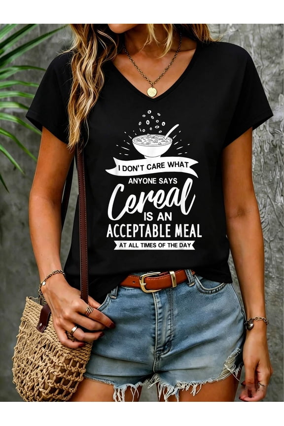 Cereal Killer Gift Bowl Box Breakfast V Neck T-Shirt Cotton Women's V Neck Graphic Tee, Casual Short Sleeve Shirt,Vacation Outfit