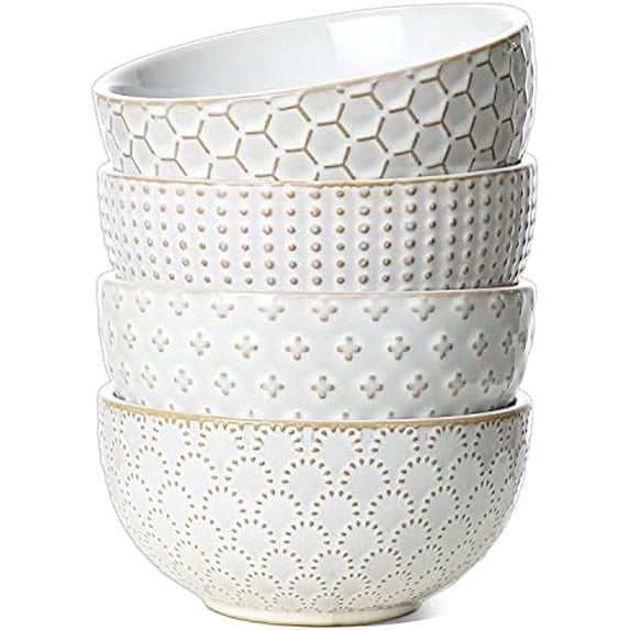 Cereal bowls 26 oz, Ceramic Soup Bowl for Kitchen, Embossment Stoneware Bowl for Pho, Chip, Fruits, Salad, Noodle, Ramen, Suit For Housewarming - 6 Inch, Set of 4, Arctic white