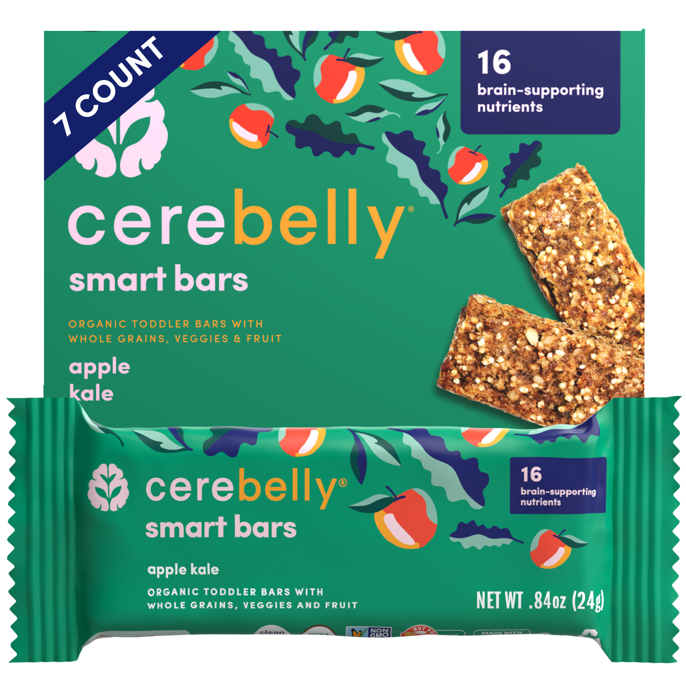 Cerebelly Organic Apple Kale Smart Bar, 7 Count - image 1 of 6