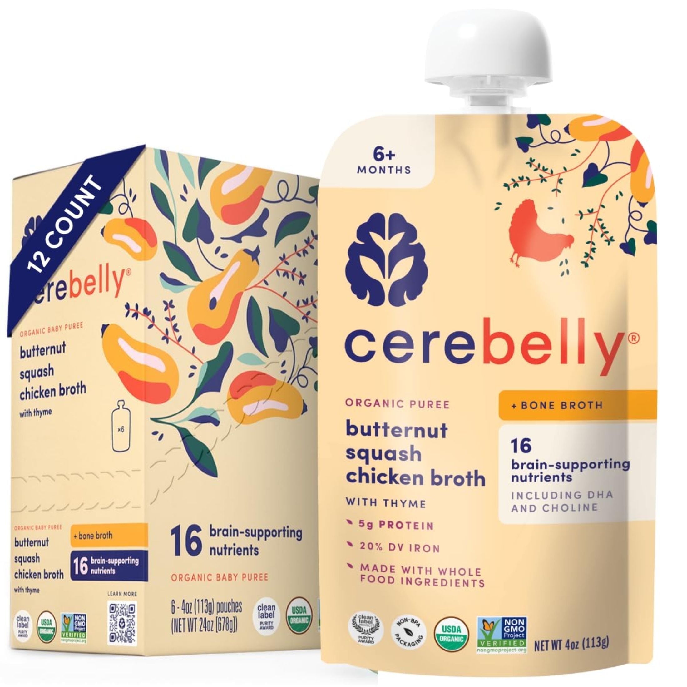 (12 pack) Cerebelly Stage 2 Baby Food Pouch, Organic Butternut Squash & Chicken Broth, 4 oz