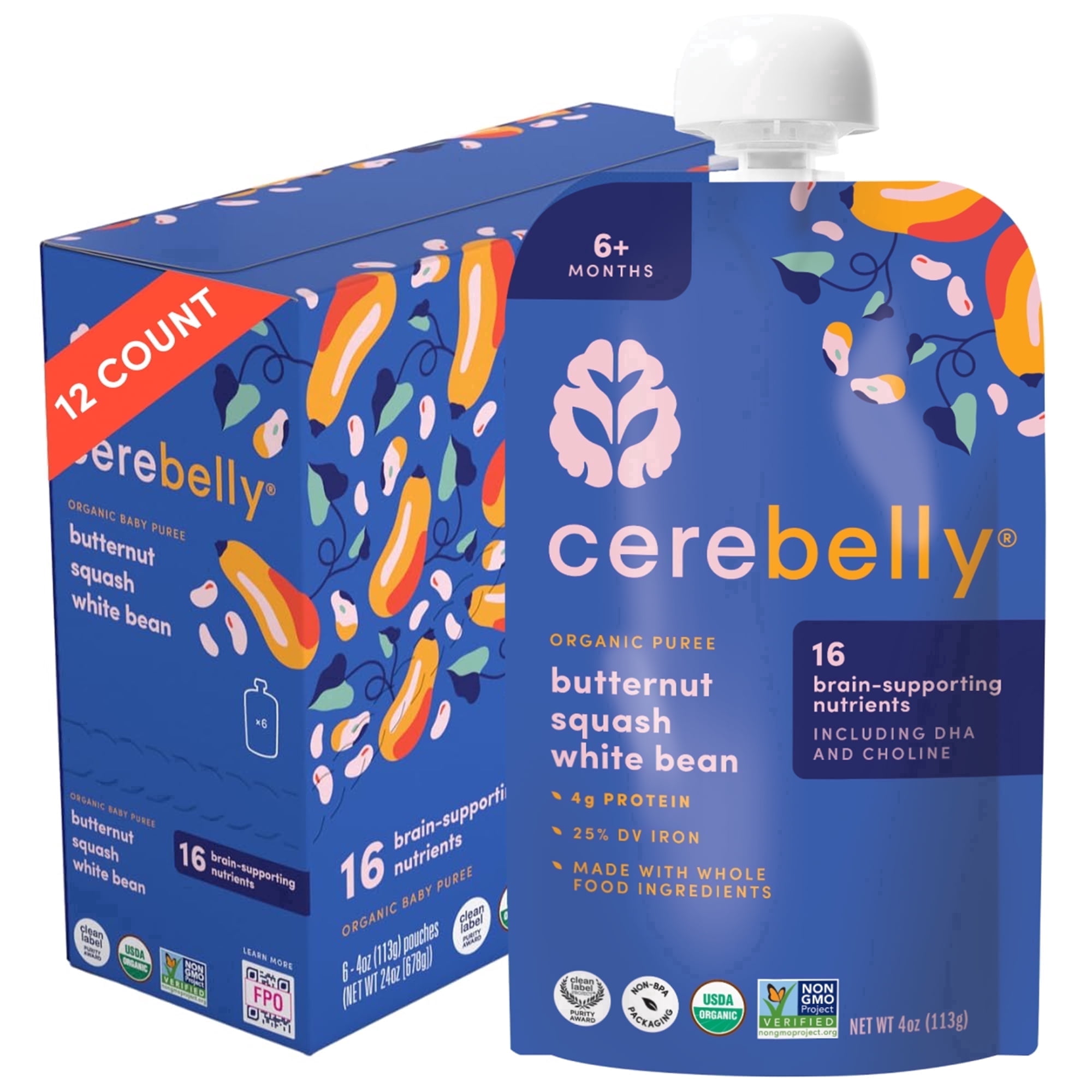 Cerebelly Organic Baby Food Pouches, Butternut Squash White Bean Purees, 16 Nutrients, No Added Sugar & Non-GMO, 4 oz, 12 Pack