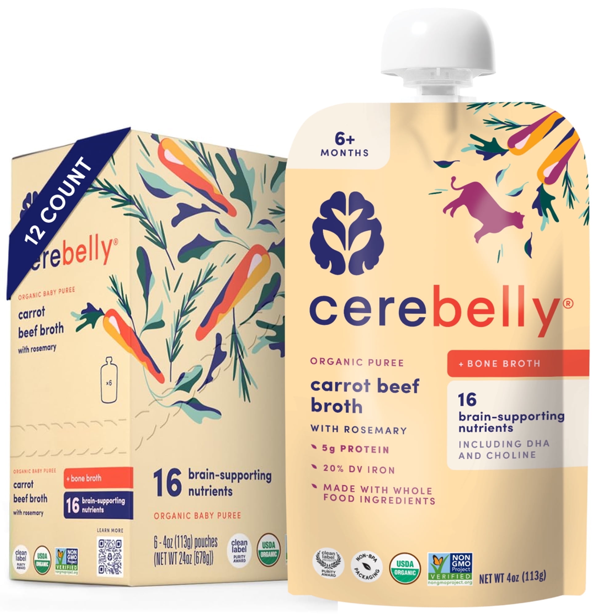(12 pack) Cerebelly Organic Stage 2 Carrot Beef Bone Broth with Rosemary Baby Food, 4 oz Pouch