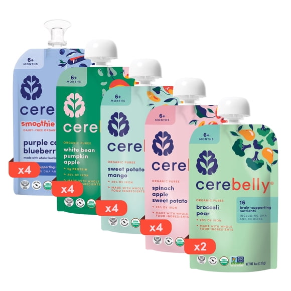 Cerebelly Organic Baby Food Pouches, Fan Favorite Variety Pack, 4 oz, Puree Toddler Pouches, 18 Pack