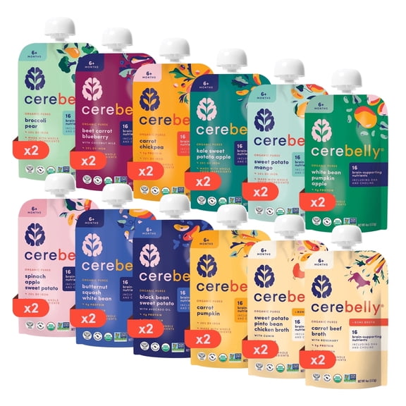 Cerebelly Organic Baby Food Pouches, First Flight Sampler Variety Pack, 4 oz, Puree Toddler Pouches, 24 Count