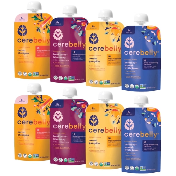 Cerebelly Organic Baby Food Pouches, Hearty Veggie Purees, 16 Nutrients, No Added Sugar, Non-GMO, Toddler Snacks, 4 Flavors, 4oz, 8 Pack