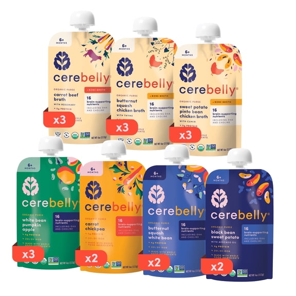Cerebelly Organic Baby Food Pouches, Protein Bundle, 4 oz, Puree Toddler Pouches, 18 Pack