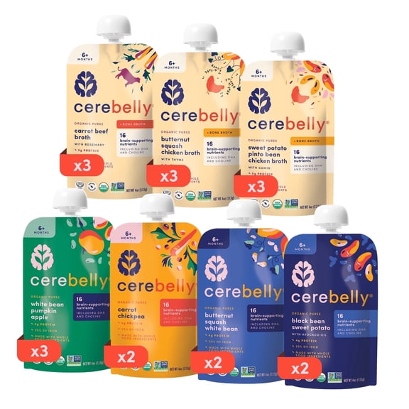 Cerebelly Organic Baby Food Pouches, Protein Bundle, 4 oz, Puree Toddler Pouches, 18 Pack