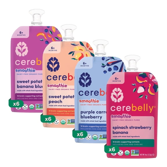 Cerebelly Organic Baby Food Pouches, Smoothie Variety Pack, 4 oz, Puree Toddler Pouches, 24 Count