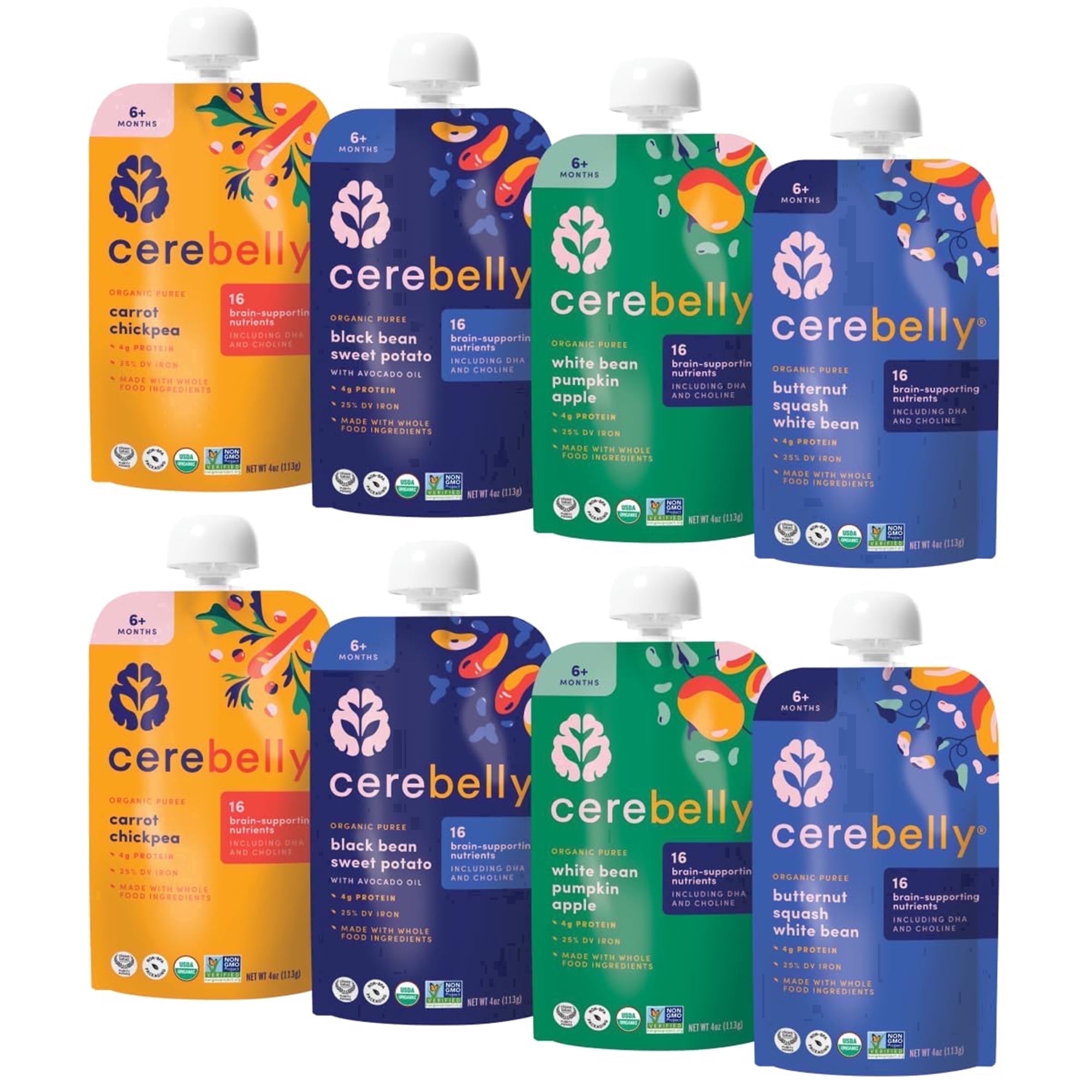 Cerebelly Organic Baby Food Pouches Variety Pack, Veggie & Bean Purees, 16 Nutrients, No Added Sugar, Fiber & Non-GMO, 4oz, 8 Pack
