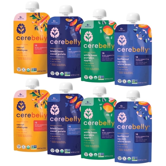 Cerebelly Organic Baby Food Pouches Variety Pack, Veggie & Bean Purees, 16 Nutrients, No Added Sugar, Fiber & Non-GMO, 4oz, 8 Pack