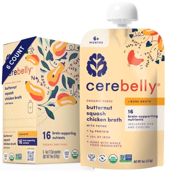 Cerebelly Organic Baby Food, Butternut Squash Chicken Bone Broth, 4 oz Puree Toddler Pouches, 6 Pack