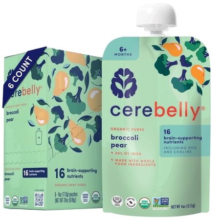 Cerebelly Organic Baby Food, Broccoli Pear, 4 oz Puree Toddler Pouches, 6 Pack