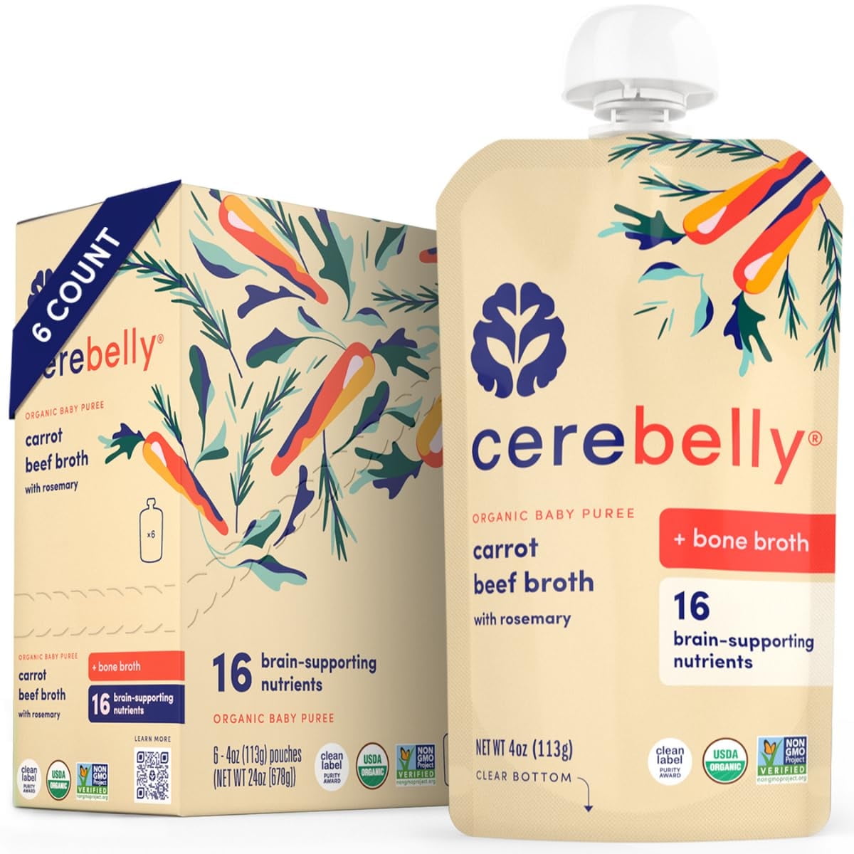 Cerebelly Organic Stage 2 Baby Food, Carrot Beef with Rosemary, 4 oz Pouch (6 Pack)