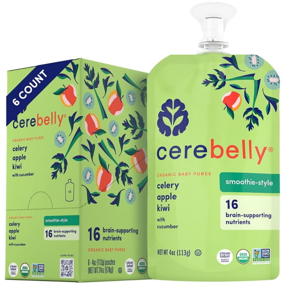 Cerebelly Organic Baby Food, Celery Apple Kiwi Purees, 4 oz Puree Toddler Pouches, 6 Pack