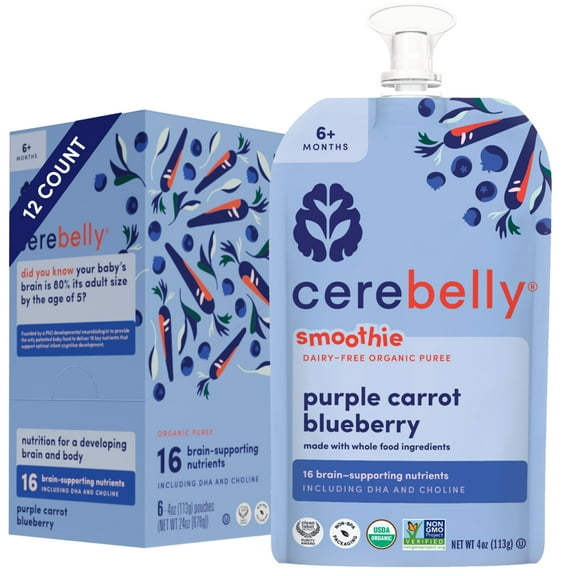 Cerebelly Organic Baby Food, Purple Carrot Blueberry, 4 oz Puree Toddler Pouches, 6 Pack
