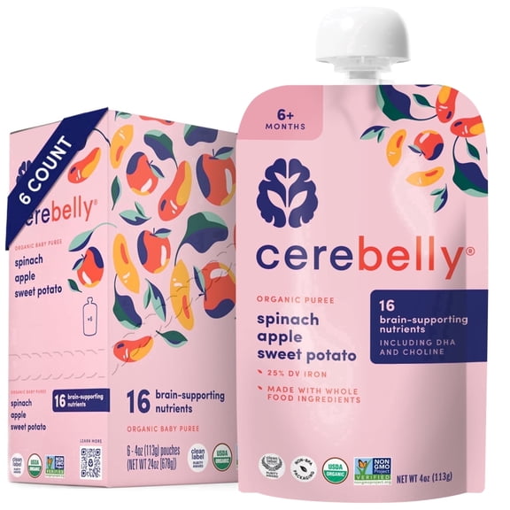 Cerebelly Organic Baby Food, Spinach Apple Sweet Potato, 4 oz Puree Toddler Pouches, 6 Pack