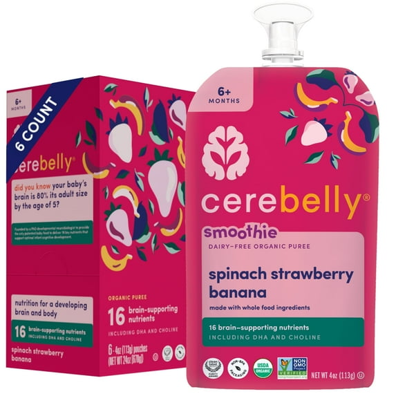 Cerebelly Organic Baby Food, Spinach Strawberry, 4 oz Puree Toddler Pouches, 6 Pack