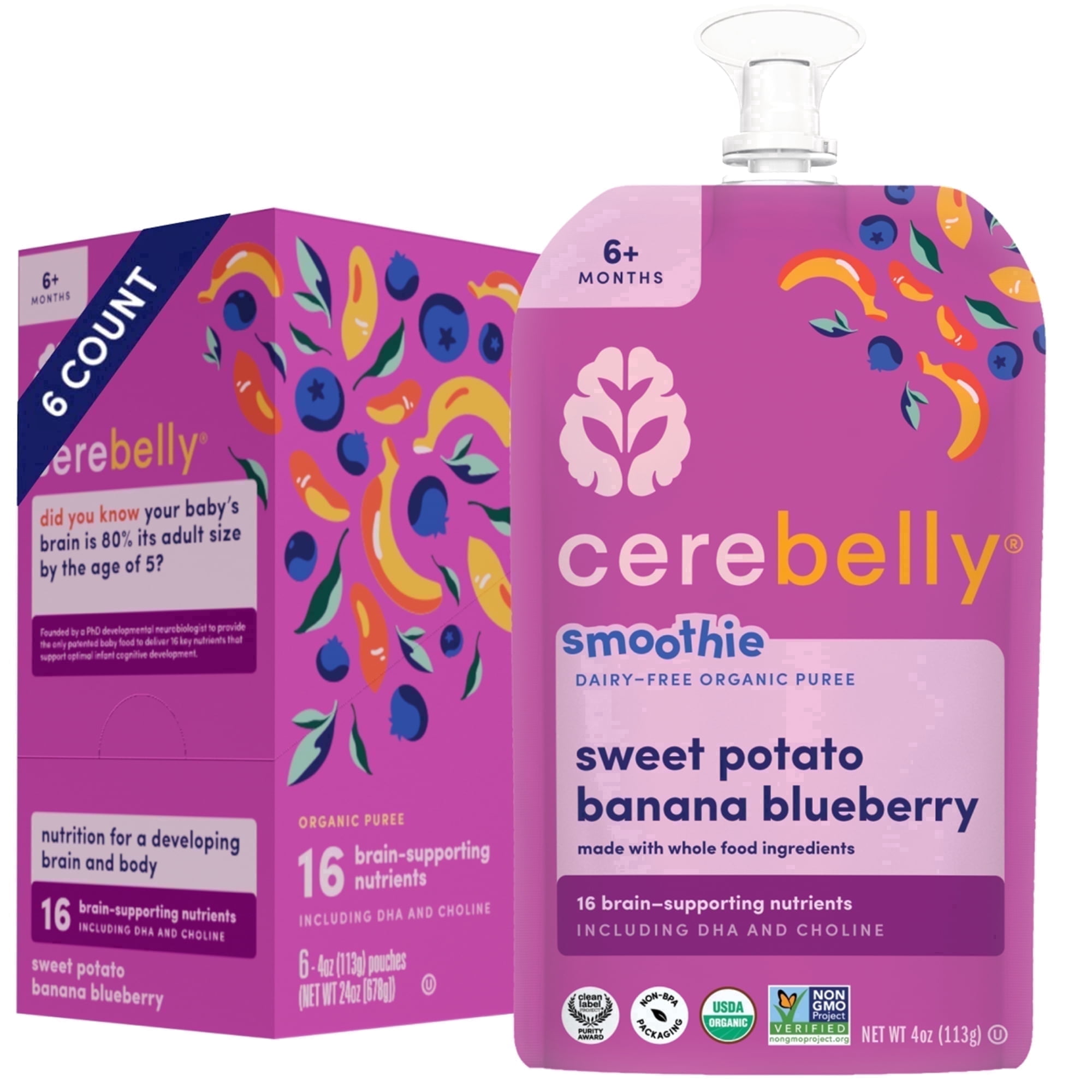 Cerebelly Organic Baby Food, Sweet Potato Banana Blueberry, 4 oz Puree Toddler Pouches, 6 Pack