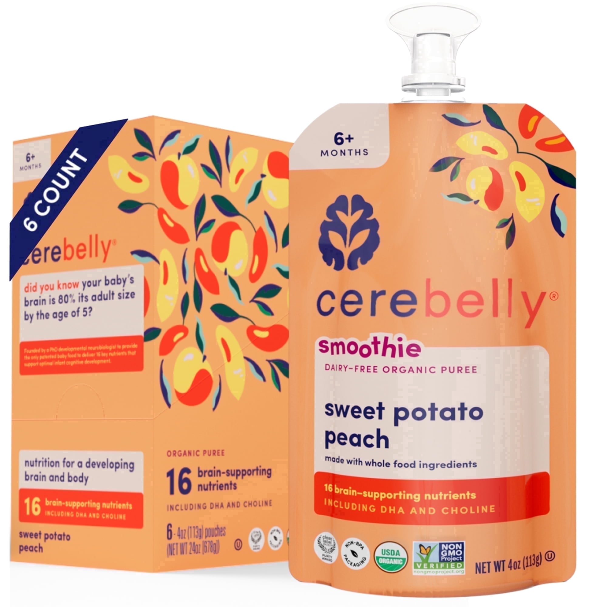 Cerebelly Organic Baby Food, Sweet Potato Peach, 4 oz Puree Toddler Pouches, 6 Pack
