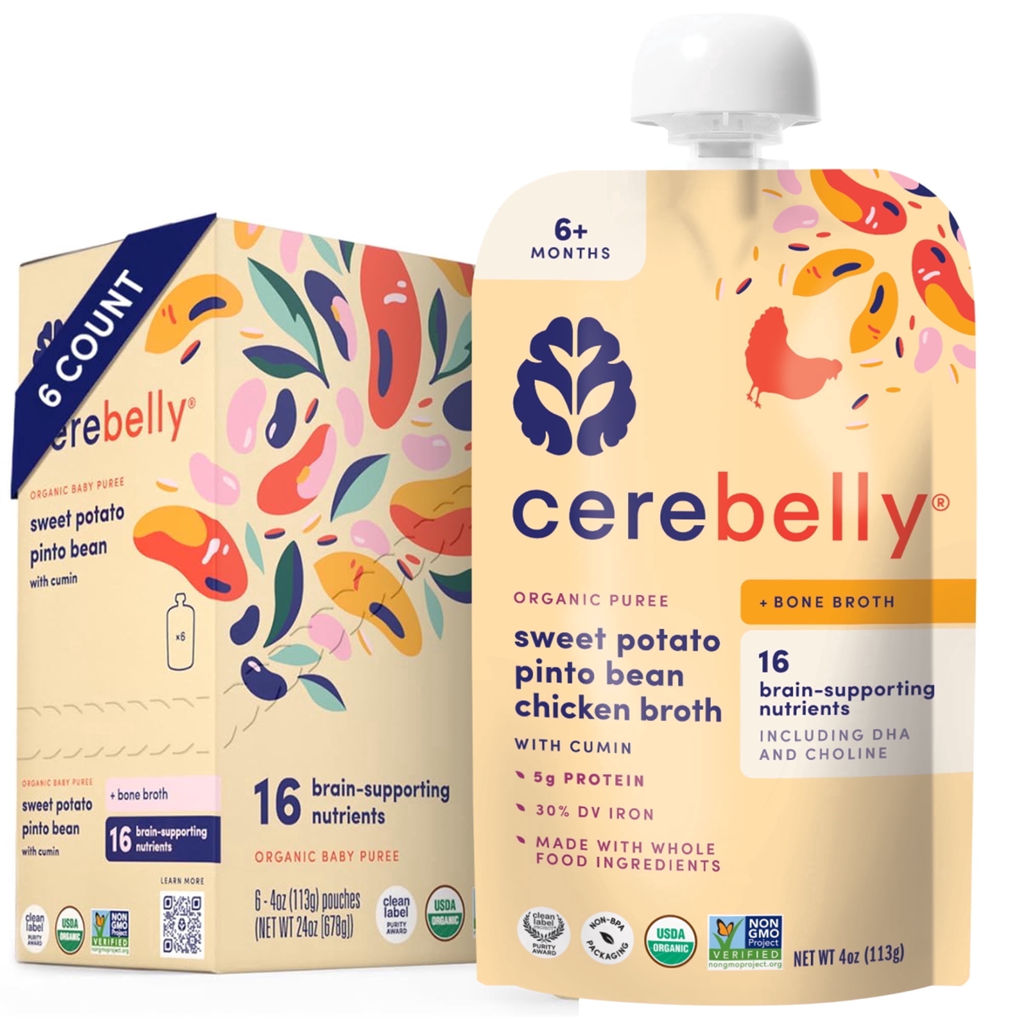 Cerebelly Organic Baby Food, Sweet Potato Pinto Bean Chicken Broth with Cumin, 4 oz Puree Toddler Pouches, 6 Pack