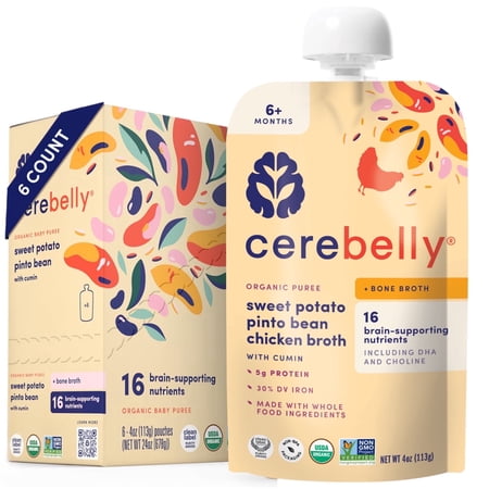 Cerebelly Organic Baby Food, Sweet Potato Pinto Bean Chicken Broth with Cumin, 4 oz Puree Toddler Pouches, 6 Pack