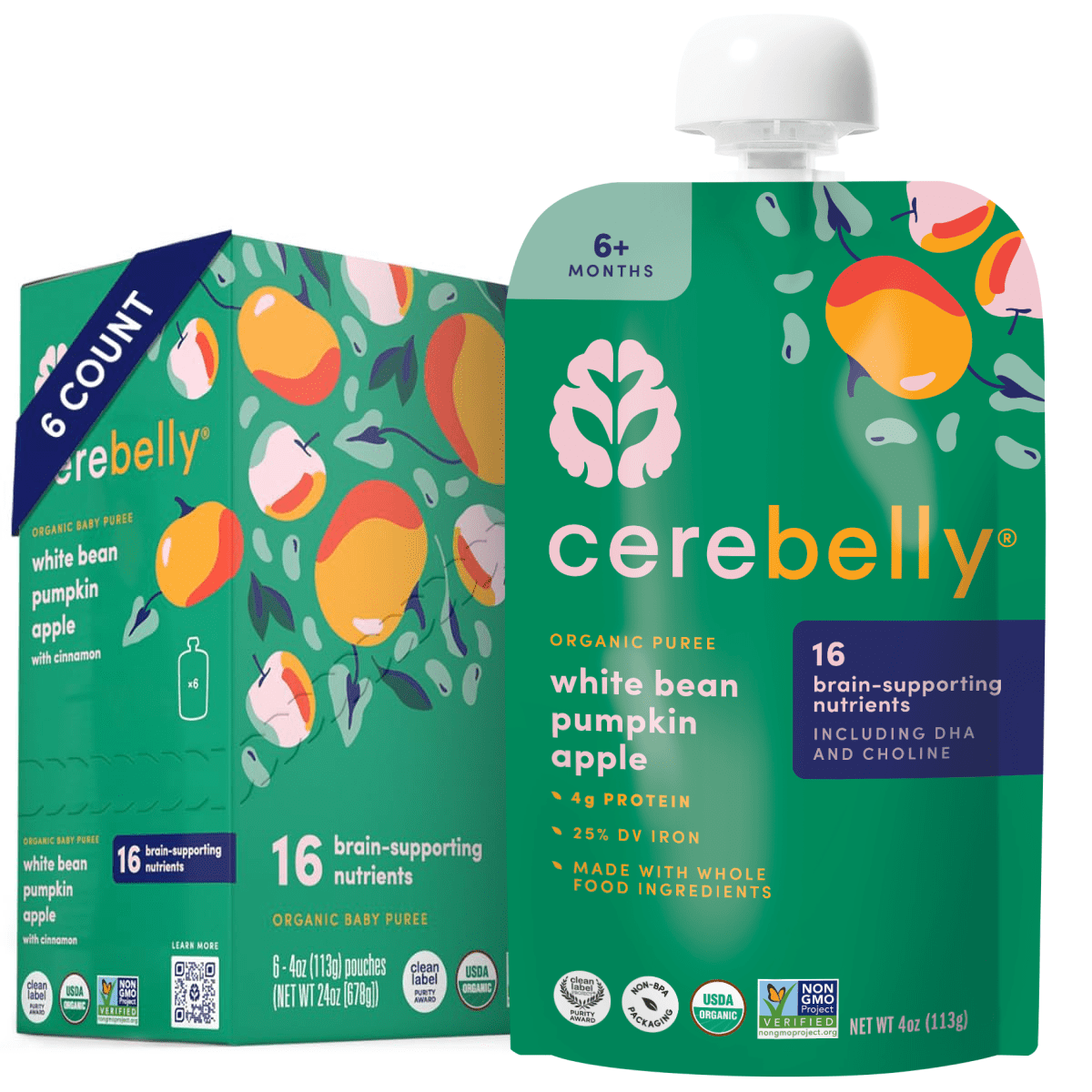 Cerebelly Organic Stage 2 Baby Food, White Bean Pumpkin Apple, 4 oz Puree (6 Pack)