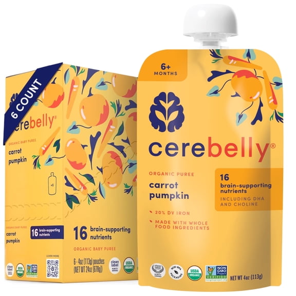 Cerebelly Organic Baby Food, Carrot Pumpkin, 4 oz Puree Toddler Pouches, 6 Pack