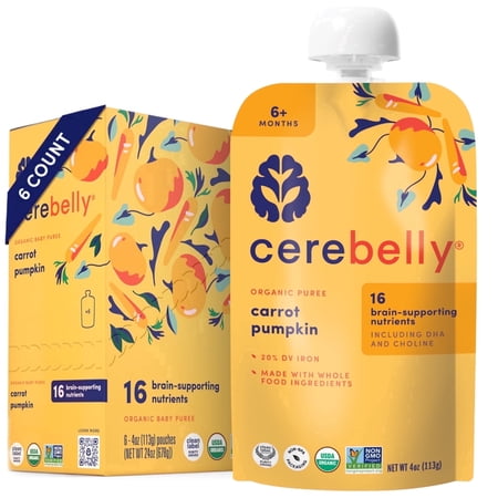 Cerebelly Organic Baby Food, Carrot Pumpkin, 4 oz Puree Toddler Pouches, 6 Pack
