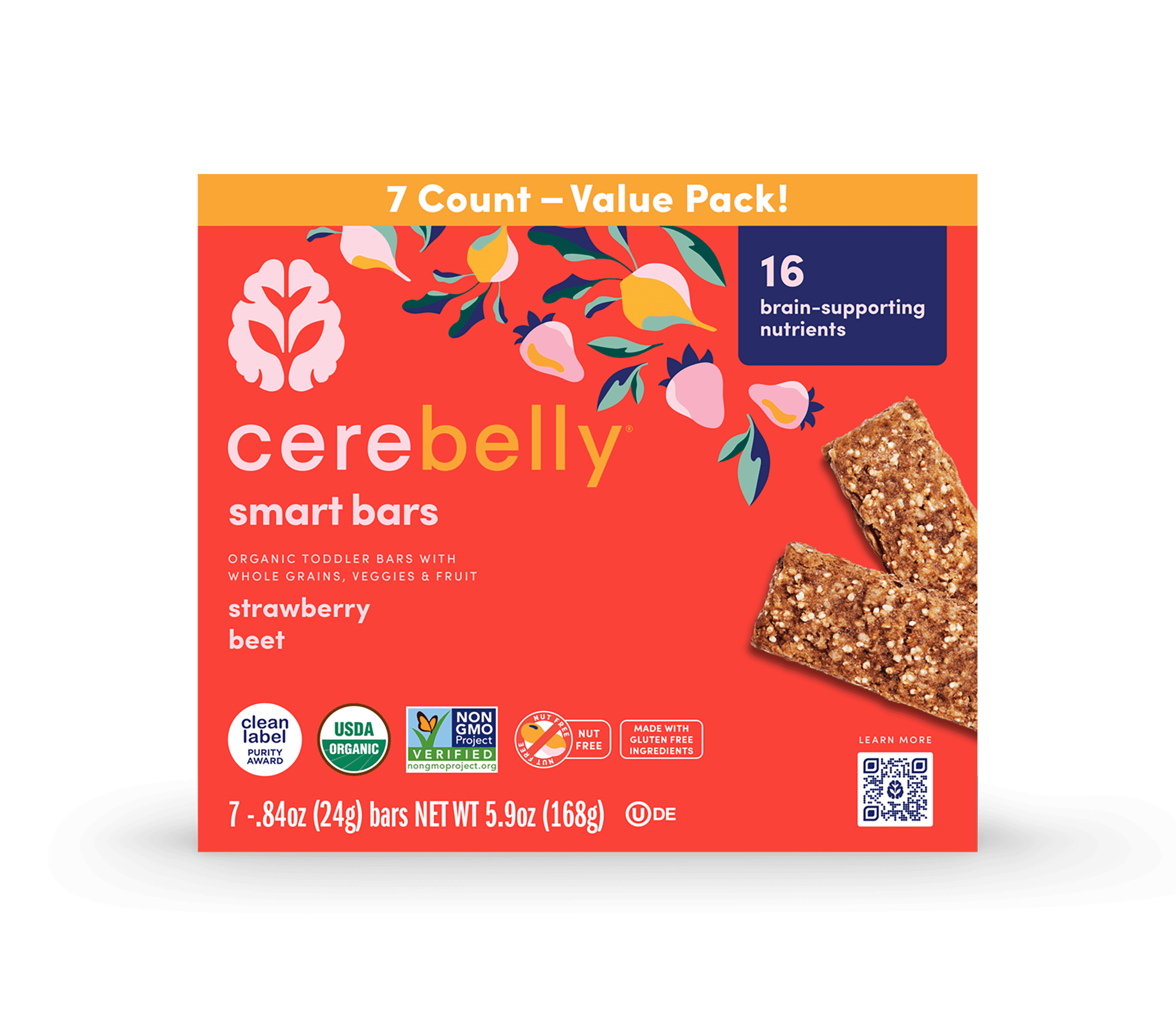 Cerebelly Organic Strawberry Beet Smart Snack Bar for Toddlers, 7 Count