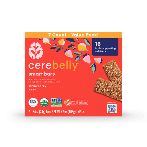Cerebelly Organic Strawberry Beet Smart Snack Bar for Toddlers, 7 Count