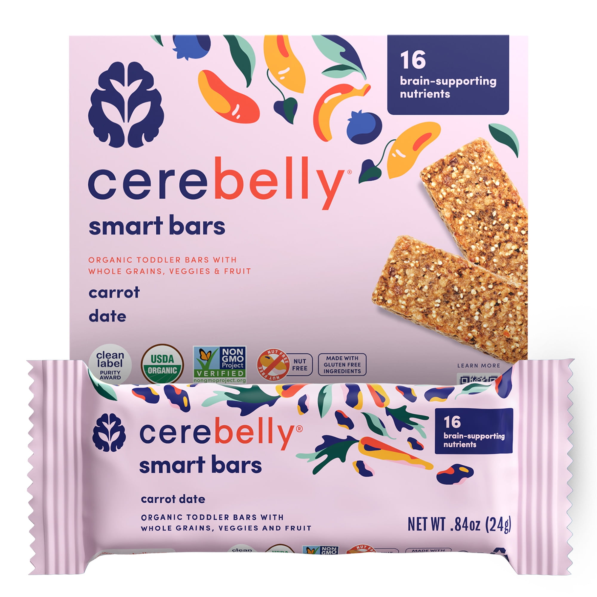 Cerebelly Organic Toddler Snack Bars, Carrot Date, 5 Count