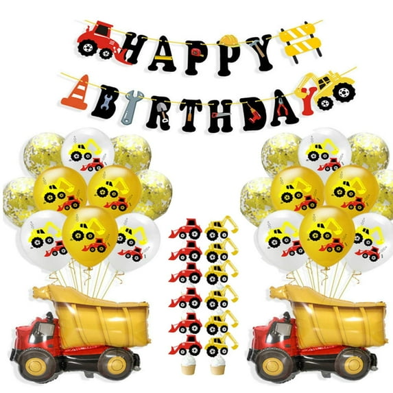 Cerem Birthday Party Decor Construction Themed Banner Dump Truck and Excavator Balloon Set