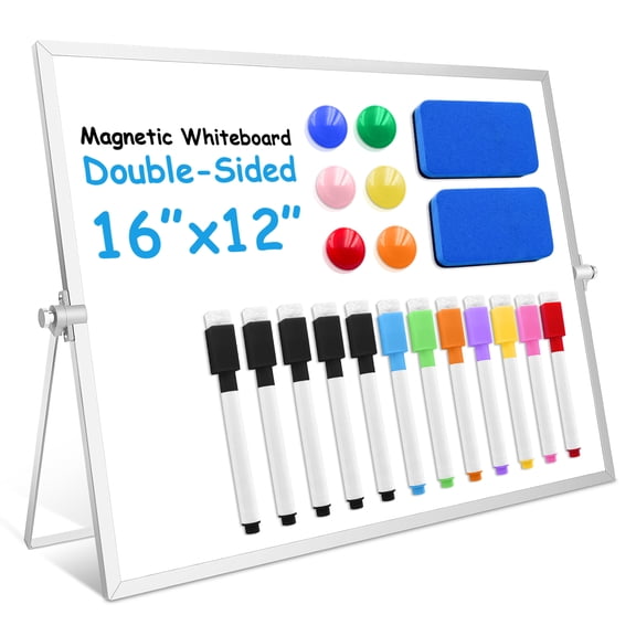 Cerem Double-Sided Magnetic Dry Erase Whiteboard with Stand, 1612 Inch Desktop & Wall-Mount Board Set, Includes 12 Markers, 6 Magnets & 2 Erasers