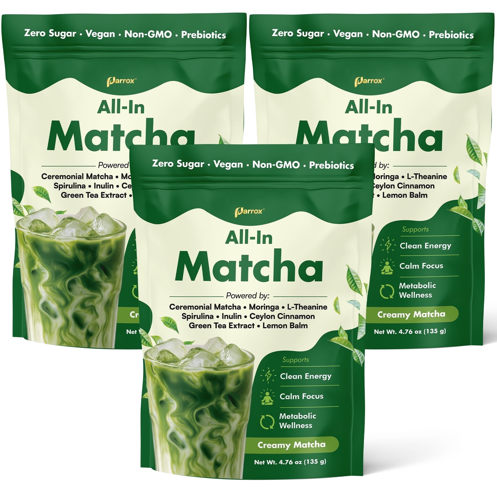 Ceremonial Grade Matcha Powder Infused with Moringa, Green Tea Extract, L-Theanine, Inulin, Spirulina, Ceylon Cinnamon, and Lemon Balm – 100% First Harvest Japanese Tea (3 Pack)
