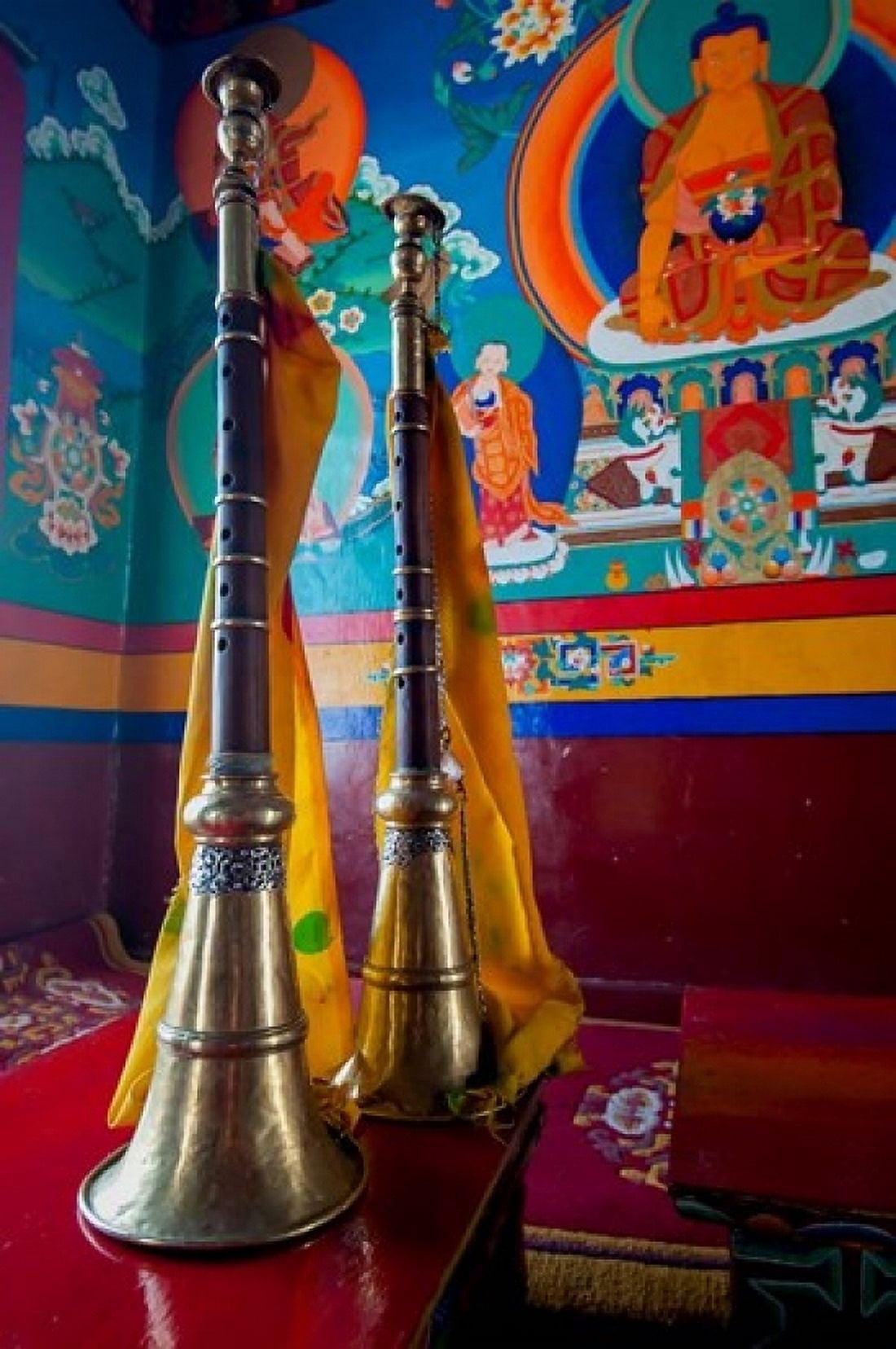 Ceremonial horns at Shey Palace Ledakh India Canvas Art - Ellen Clark DanitaDelimont (24 x 36)