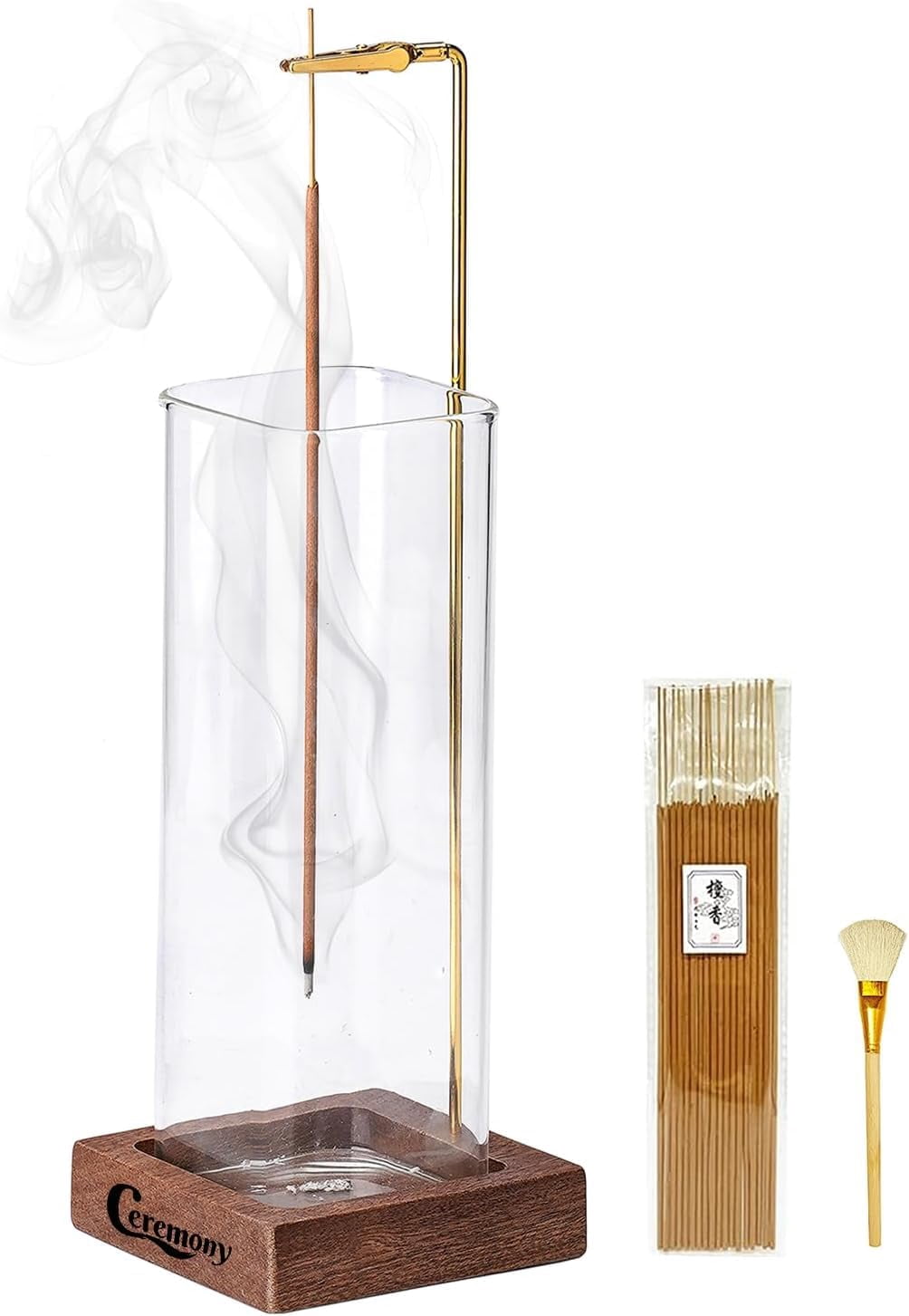 Ceremony Incense Holder, Wooden Holder for Sticks with Glass Ash Catcher, Anti-ash Burner 20 and a Brush Meditation Yoga Spa Room Decor