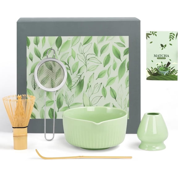 Ceremony Matcha Kit with Bamboo Scoop, Whisk, Holder, Sifter, Chawan Ceramic Bowl with Spout, 5 Pcs Green Japanese Matcha Whisk Set - High End Matcha Tea Set Gift for Matcha Lovers and Starters