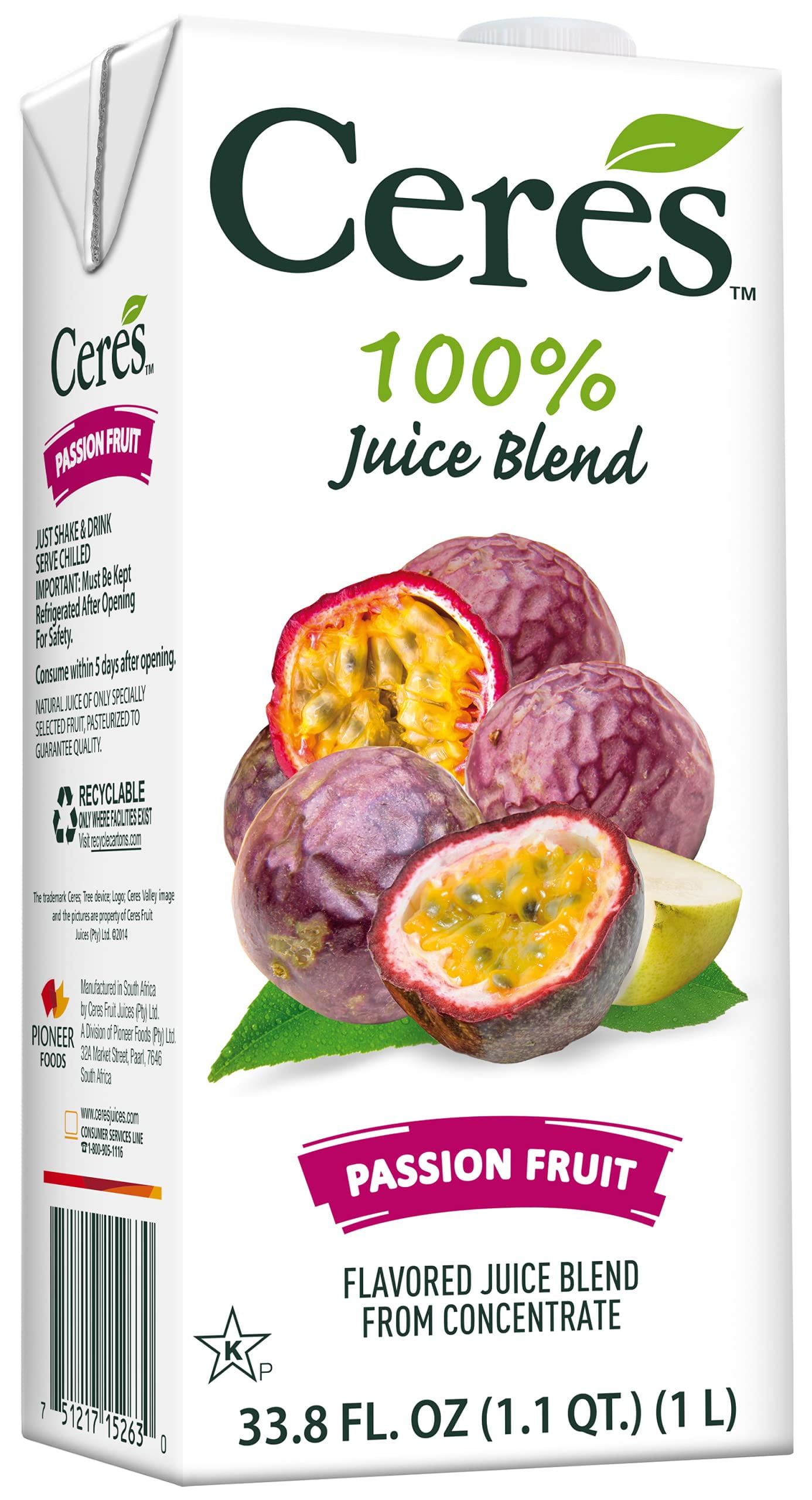 Ceres 100% All Natural Pure Fruit Juice Blend, Passion Fruit - Gluten Free, Rich in Vitamin C, No Added Sugar or Preservatives, Cholesterol Free - 33.8 FL OZ (Pack of 12)