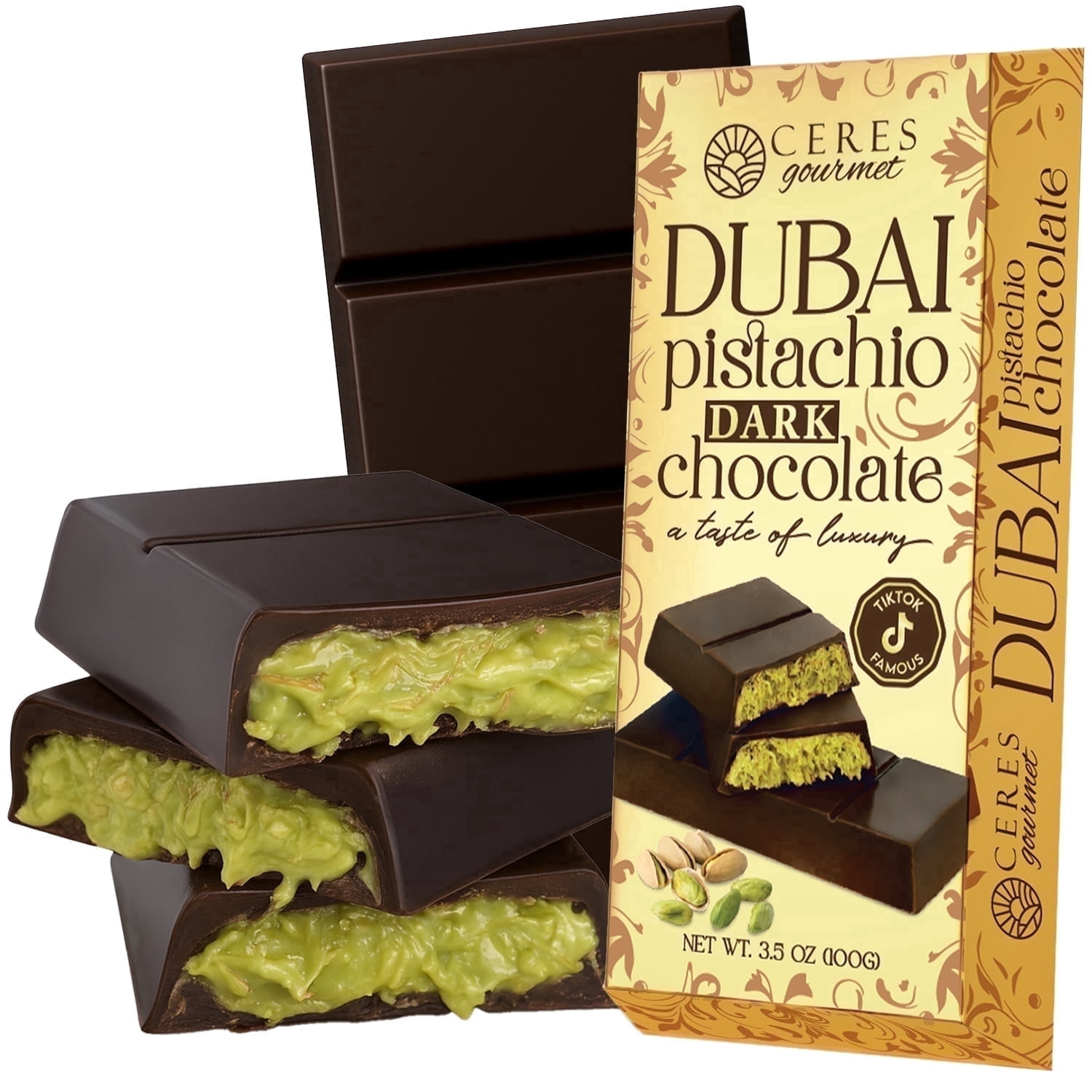 Ceres Gourmet Dubai Pistachio Kunafa Bars, Indulgent Dark Chocolate, 3.5 Oz