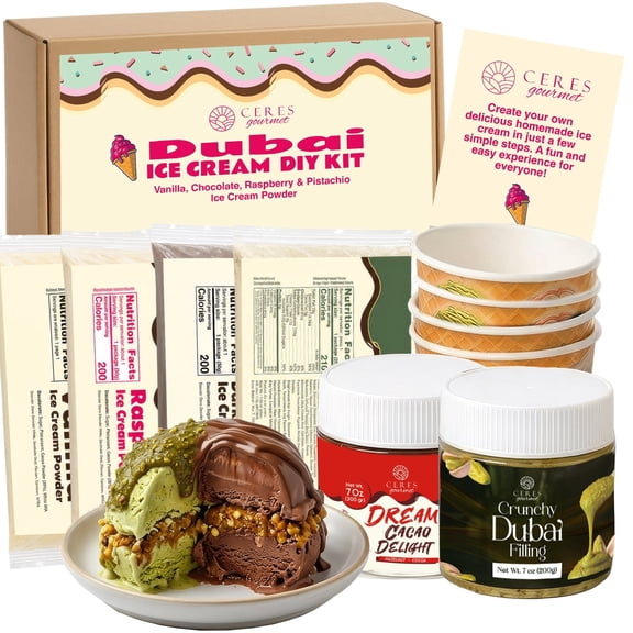 Ceres Gourmet Dubai Chocolate Ice Cream DIY Kit, 540g  Homemade Ice Cream Making Set with Pistachio, Hazelnut, Dark Chocolate & Raspberry Flavors, 4 Ice Cream Cups Included