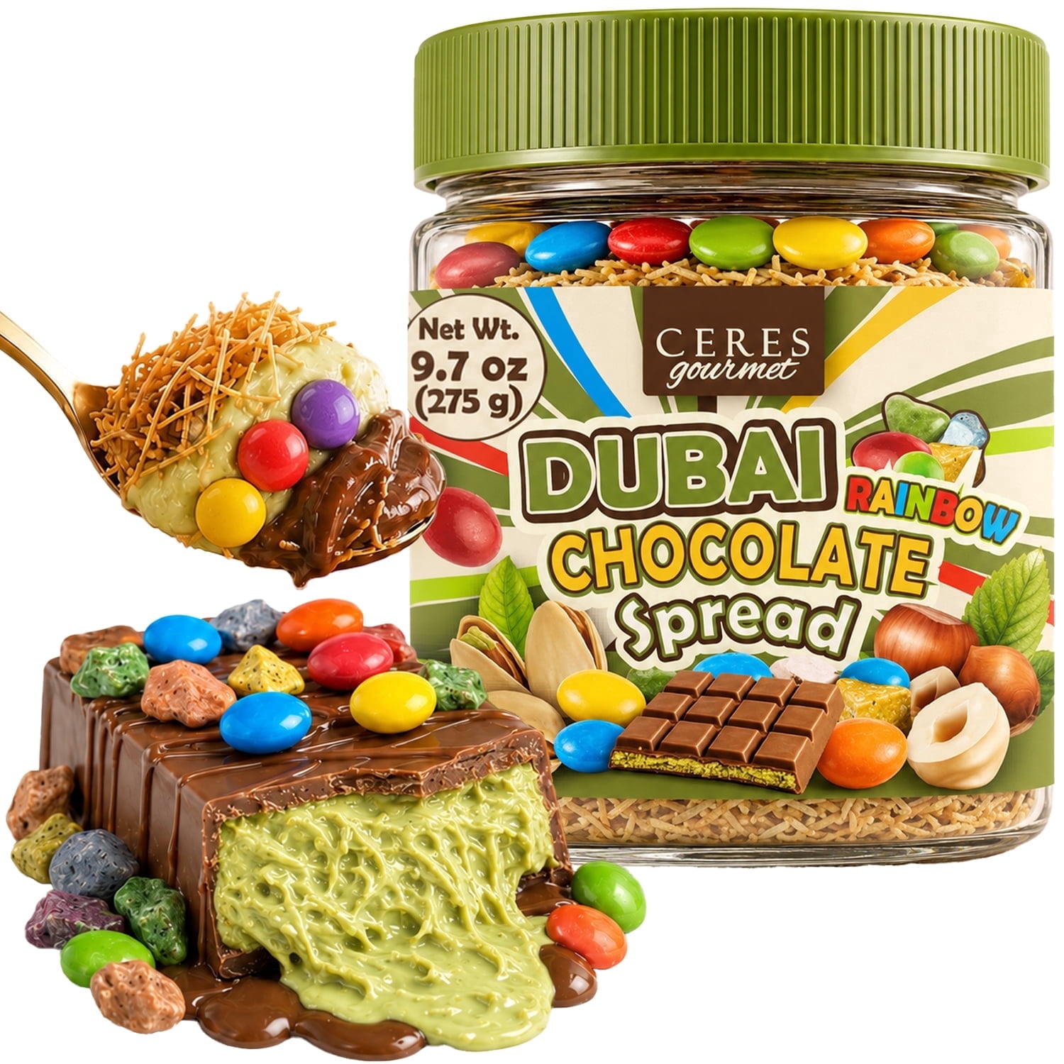 Ceres Gourmet Dubai Chocolate Spread with Candy-Coated Chocolate Pieces & Chocolate Pebbles | Pistachio Cream & Crispy Kataifi Phyllo | Belgian Chocolate | Gourmet Dessert & Breakfast Spread | 9.7 oz
