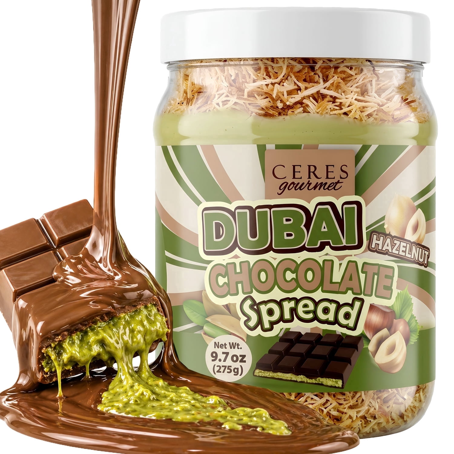 Ceres Gourmet Chocolate Spread, Pistachio Cream, Crispy Kataifi Phyllo, Chunky Roasted Hazelnuts, Belgian Chocolate, 1 Pack, 9.7 Oz
