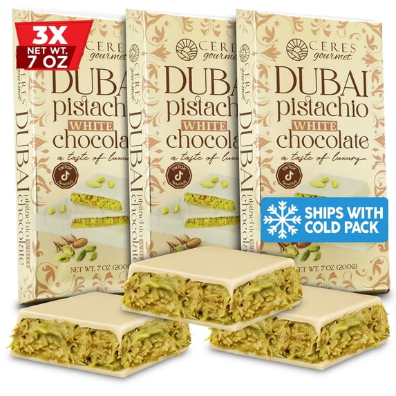 Ceres Gourmet Dubai Dark Chocolate Kunafa Pistachio Bar 3-Pack | Crispy Knafeh Pistachio Gift Set | 3 x 7oz (200g) | Shipped with Ice Packs