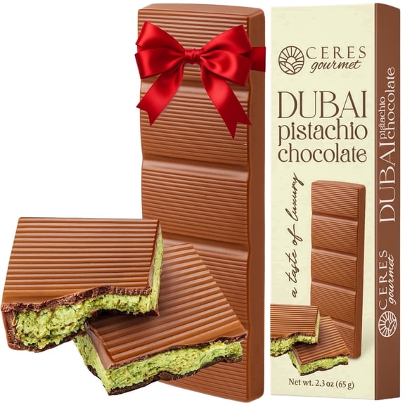 Ceres Gourmet Dubai Pistachio Kunafa Chocolate Bar, 2.3 oz  Milk Chocolate with Pistachio and Kunafa Filling